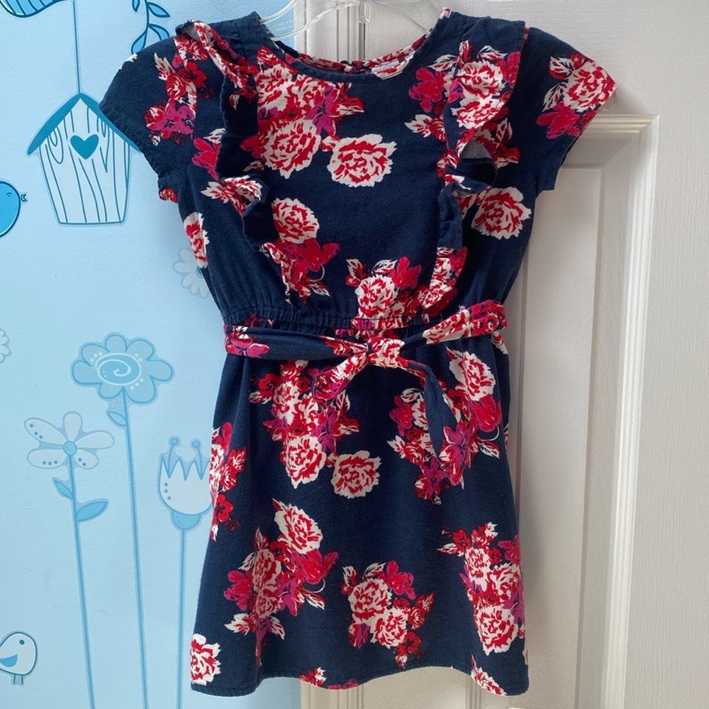 Gap Kids Girls 100% Cotton Navy Blue Floral Elastic Waist Sun Dress Small (6-7 )